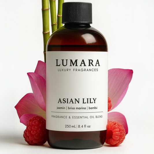 Botella del aceite Asian Lily de Lumara Fragrances, ideal para visualizar la fragancia que captura la esencia floral y fresca del Wynn
